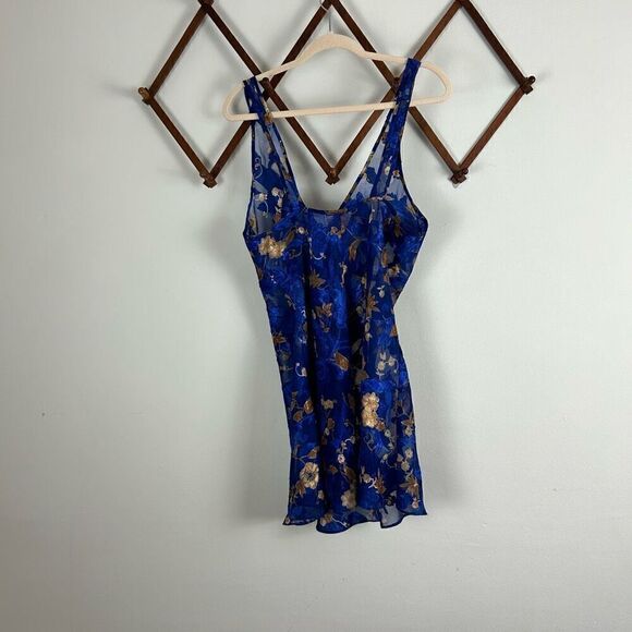 VINTAGE Floral Lace Nightie Blue Gold GUC P519 - Picture 4 of 4